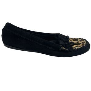 Minnetonka Black Cheetah Print Shoes Size 8.5 Dyed Calf Flats Moccasins
